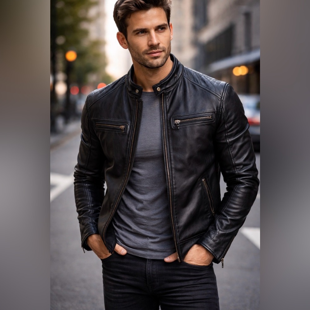 🏍️ Men’s Black Leather Café Racer Jacket – Size Large – YKK Zippers – Moto Style